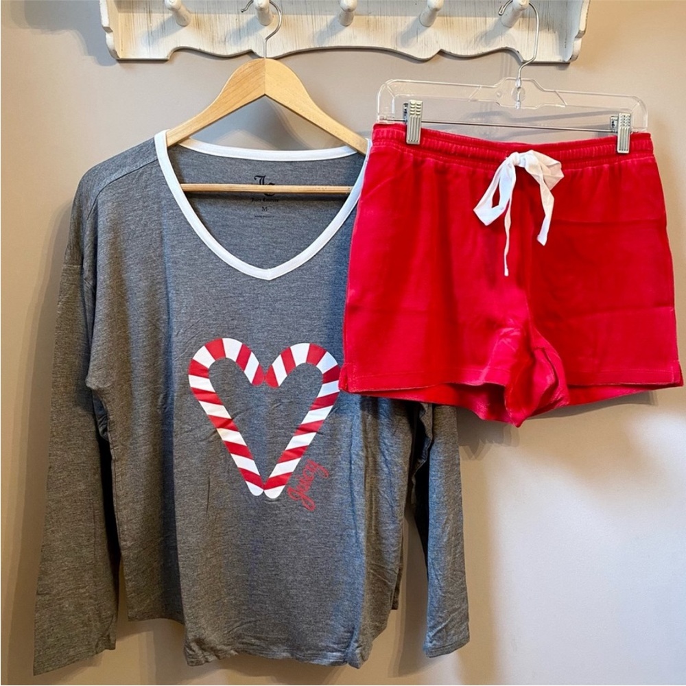 NWT 2-Piece Set Juicy Couture Christmas Pajamas Gray Red